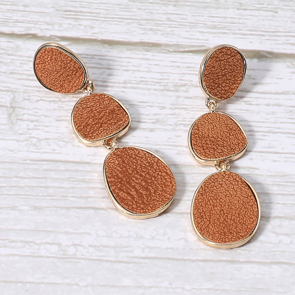 Brown Abstract Plate Dangle Leather Earrings 2.3 Inch Triple Drop Jewelry